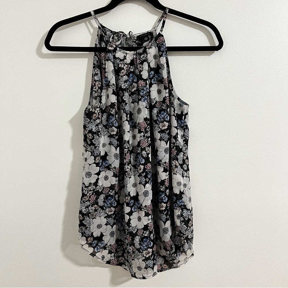 Ann Taylor Floral Halter Top XS Black Sleeveless White Neutral Spring Blouse